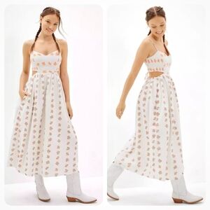 American Eagle Boho Floral Smocked Lace Up Cutout Back Midi Dress White XXL